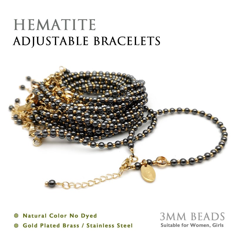 Morchic Hematite Gemstone Adjustable Bracelet for Women, 3mm Tiny Beads Energy Gem Charm Jewelry, Birthday Gift 7.1" - Image 3